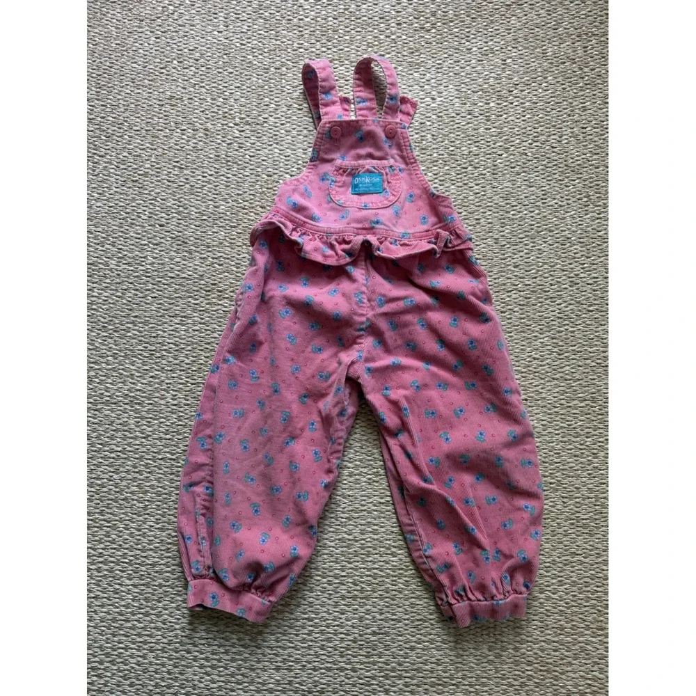 Vintage OshKosh Bgosh Pink Corduroy Floral Ruffle Overalls Girls 4T Cottagecore